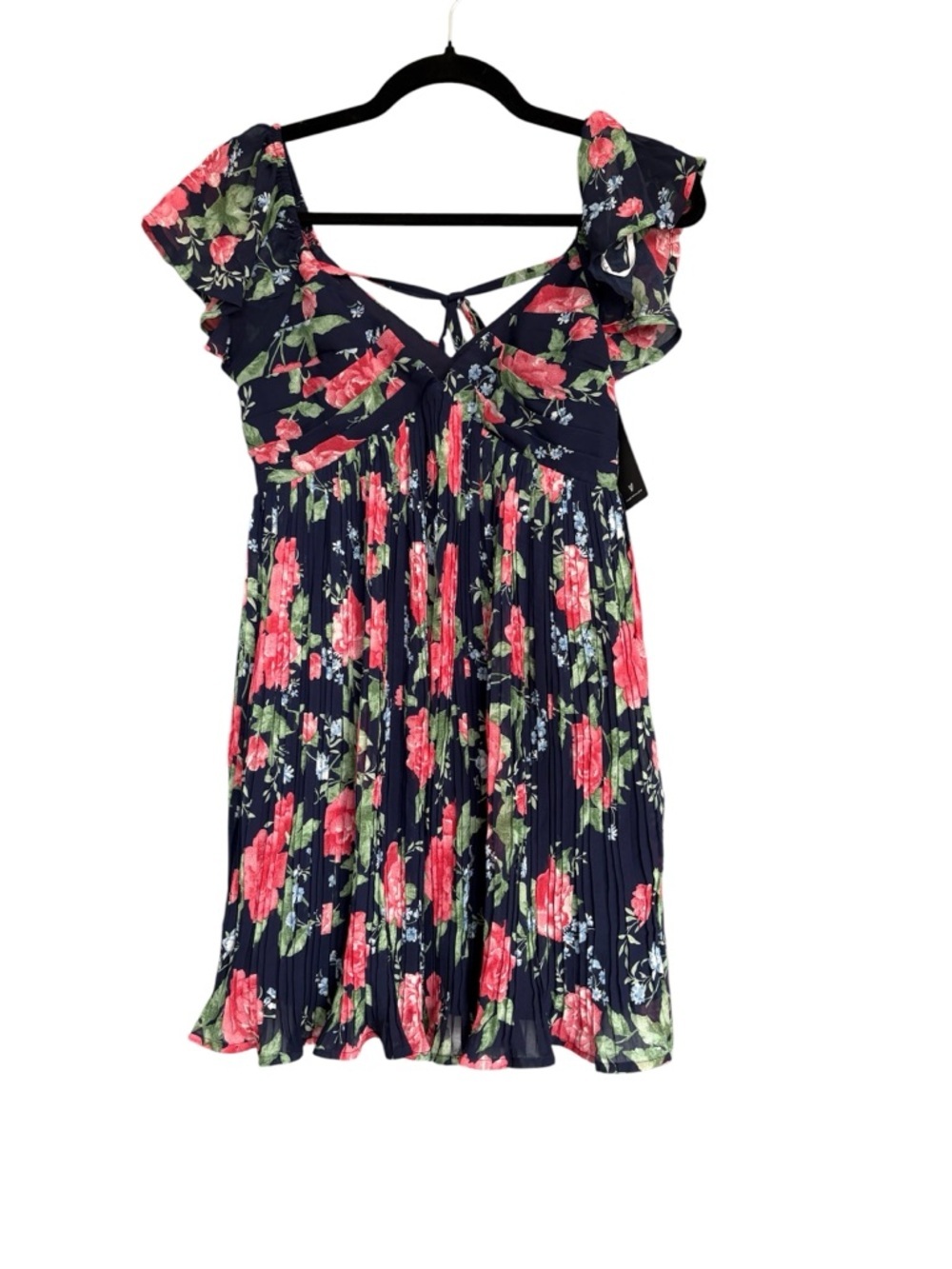Lulus Navy Floral Pleated Mini Dress Ruffle Sleeve Coquette Size Small